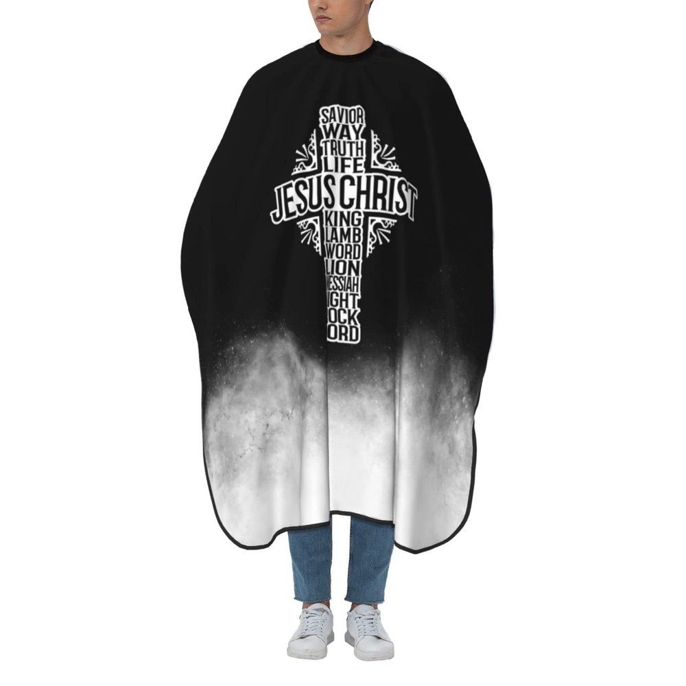 55" x 66" Jesus Christ Savior - Names of Jesus Cross Gifts Barber Cape - Haircut Cape for Men Unisex Black Hair Cutting Cape with Adjustable Neck Size - Hairdresser Cape for Hair Treatment - Cutting