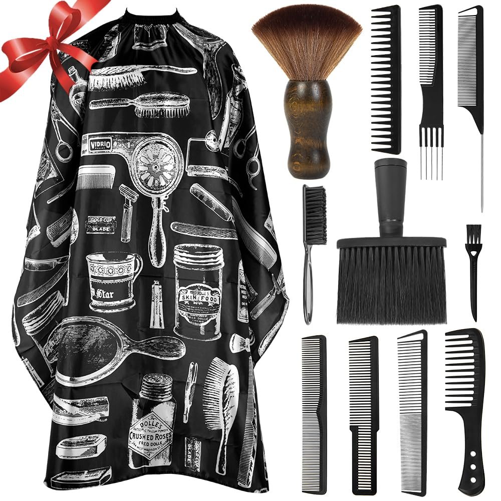 12PCS Hair Cutting Comb Set - Barber Combs for Men & Stylists - Barber Cape with Adjustable Neck Size & Neck Duster Brush