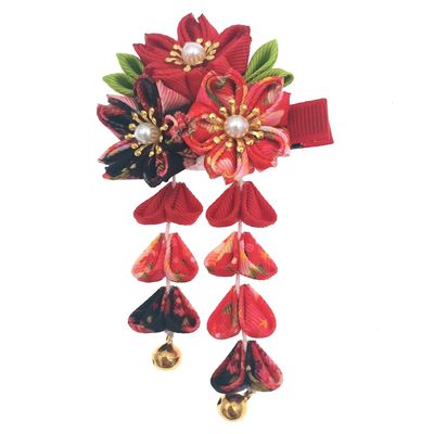 Japanese Classical Kimono Flower Tassel Hair Clip Headwear, Bridal Wedding Hanfu Cosplay Hairpin Hair Accessories Ornament Decor (Black)