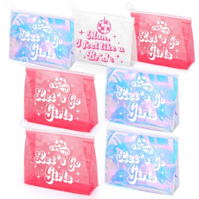 ICoDeesse 7 Pcs Let's Go Girls Bachelorette Makeup Bags Retro Disco Cowgirl Recovery Kit Bags Girls Trip Holographic Cosmetic Bags with Zipper Gift Bags for Women