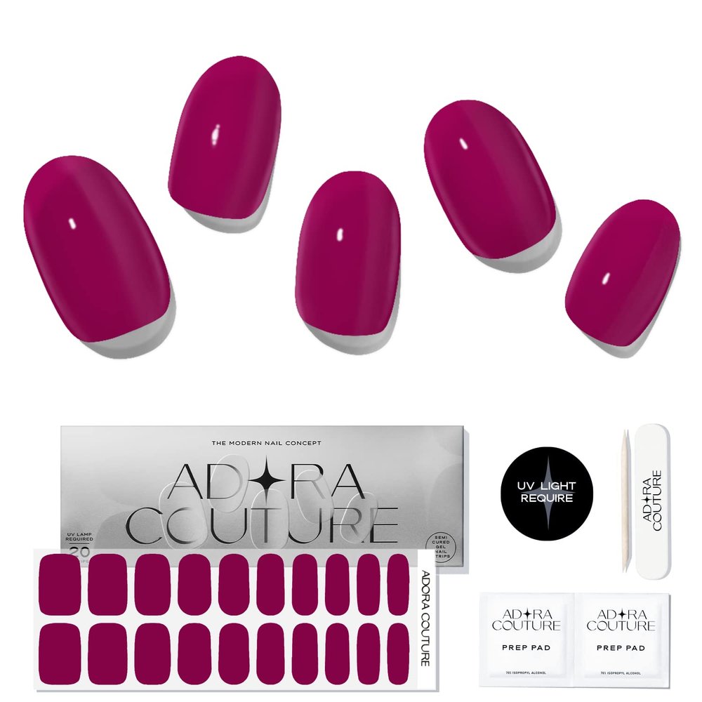 Adora Couture Semi Cured Gel Nail Strips with 20 Pieces - UV Gel Stickers, Manicure Kit, Easy Application Wraps Includes Prep Pads, Nail File, Wooden Stick - UV Light Required (Purple Fuchsia)