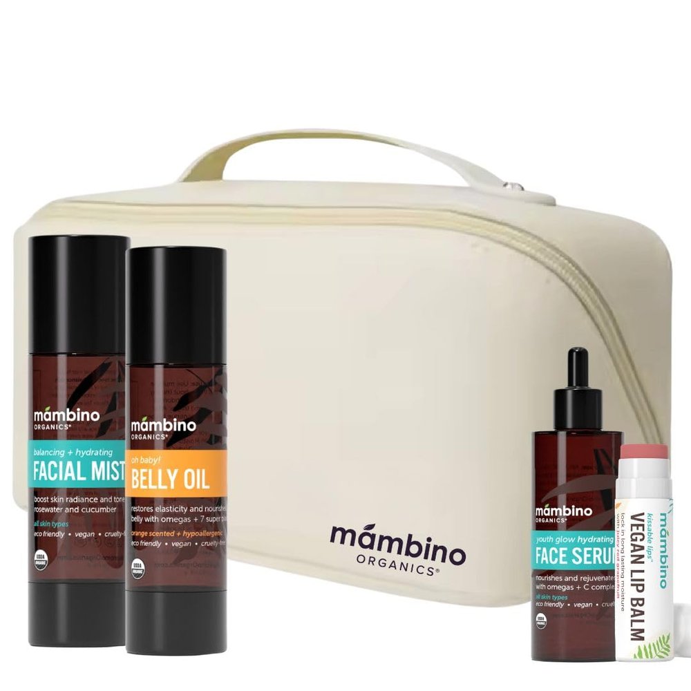 Mambino Organics First Trimester Maternity Skin Care Set + Free Bag - Pregnancy Belly Oil, Rose Facial Mist, Youth Glow Serum, Lip Balm - 4 Items