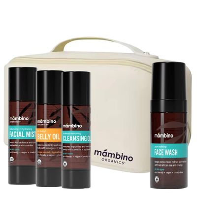 Mambino Organics Third Trimester Skincare Set + Free Bag - Natural Pregnancy Skin Care Kit with Belly Oil, Rose Facial Mist, Cleansing Oil, Face Wash
