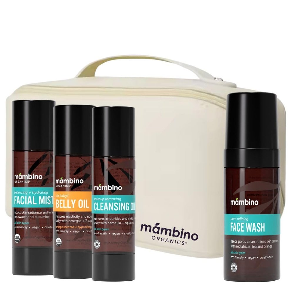 Mambino Organics Third Trimester Skincare Set + Free Bag - Natural Pregnancy Skin Care Kit with Belly Oil, Rose Facial Mist, Cleansing Oil, Face Wash