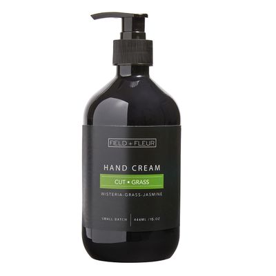 FIELD FLEUR Cut Grass 15oz Hand Cream. Enriched with Vitamin E, Aloe, Nourish and Protect the Skin. Notes of clover & green grass & finishes with fresh-cut wisteria & jasmine. Made in the USA