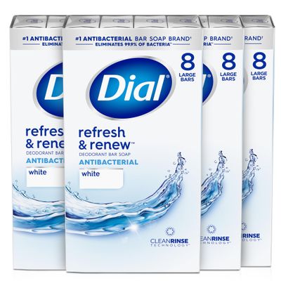 Dial Antibacterial Bar Soap, Refresh & Renew, White, 4 oz, 32 Bars