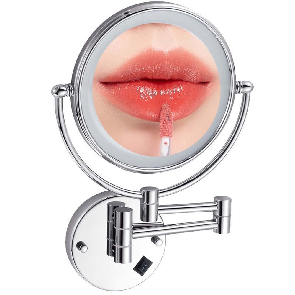 YSUEFIJO Lighted Vanity Makeup Mirror, Extendable Double Side Vanity Mirror, Portable Travel Cosmetic Mirror, 3X/5X/7X/10X Magnification, Metal Frame, Bathroom Beauty Mirror
