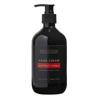 FIELD FLEUR Grapefruit Pomelo 15oz Hand Cream. Enriched with Vitamin E, Aloe, Nourish and Protect the Skin. A blend that includes sweet grapefruit, juicy peach, mint & cassis buds. Made in the USA
