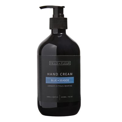 FIELD FLEUR Blue Seaside 15oz Hand Cream. Enriched with Vitamin E, Aloe, Nourish and Protect the Skin. Citrus,marine accords & coconut. Florals & amber,musk & sandalwood. Made in the USA
