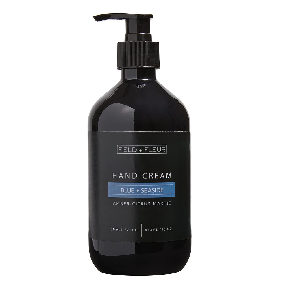 FIELD FLEUR Blue Seaside 15oz Hand Cream. Enriched with Vitamin E, Aloe, Nourish and Protect the Skin. Citrus,marine accords & coconut. Florals & amber,musk & sandalwood. Made in the USA