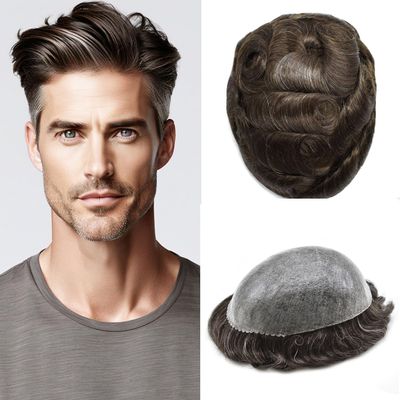 Hair System For Men Toupee Human Hair Replacement All Poly Mens Hair Piece 0.1mm Skin PU Hairpieces For Man Hair Unit Grey Brown Black Patch Wigs (7"X9", #310 3# DARK BROWN WITH 10% SYNTHETIC GREY)