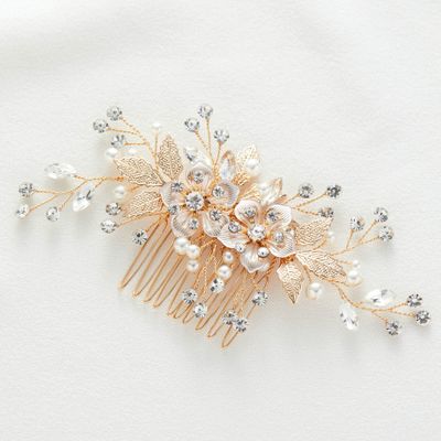 SWEETV Flower Bride Wedding Hair Comb Pearl Bridal Crystal Leaf Gold Headpiece Rhinestones Handmade Jewelry for Women and Girls