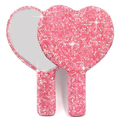 Bestbling Bling Rhinestone Heart Handheld Mirror - Portable & Dazzling Makeup Mirror for On-The-Go Touch-ups (Plastic Pink)