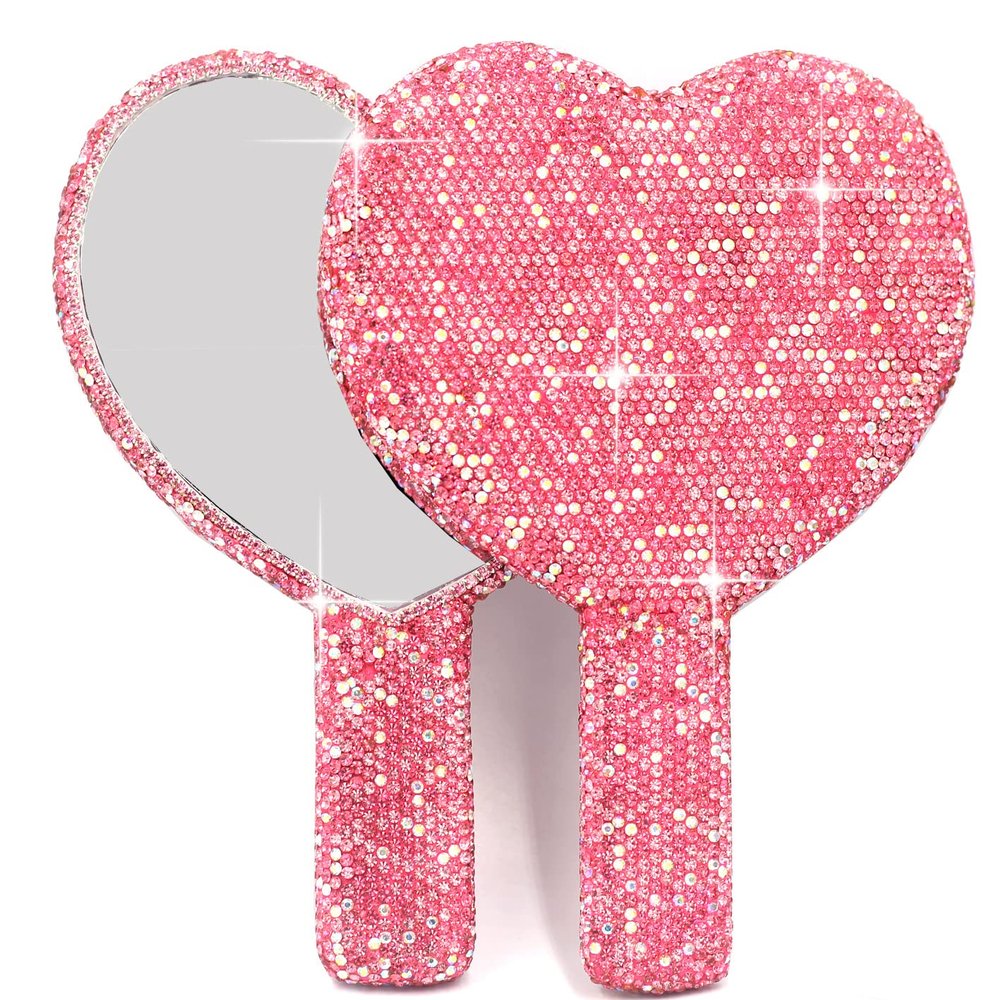Bestbling Bling Rhinestone Heart Handheld Mirror - Portable & Dazzling Makeup Mirror for On-The-Go Touch-ups (Plastic Pink)