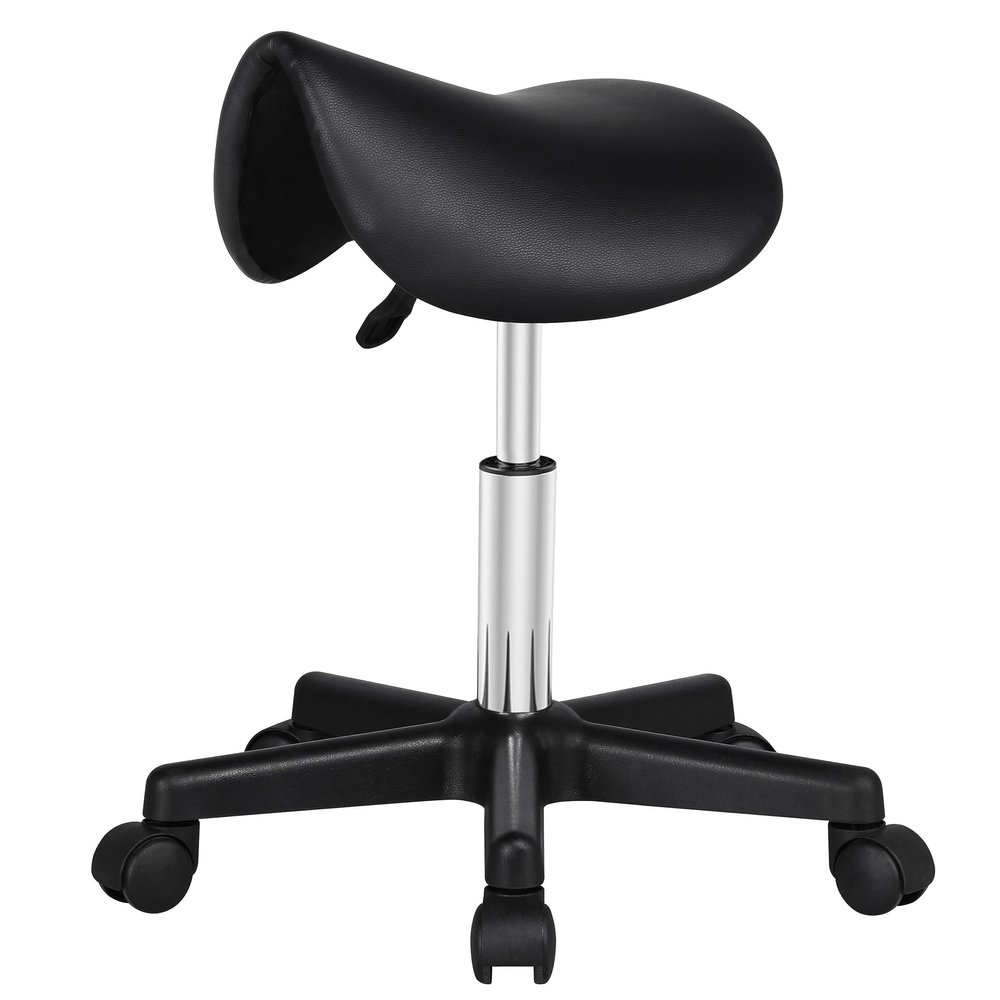 Yaheetech Saddle Stool Rolling Saddle Chair with Wheels Swivel Adjustable Stools for Hair Stylist/Lash Tech PU Leather Tattoo Massage Chair, Black