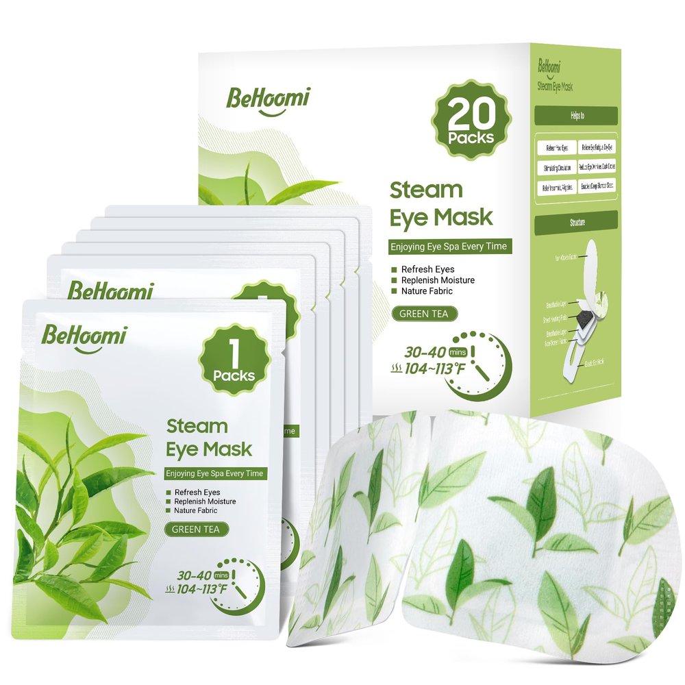 BeHoomi 20 Packs Steam Eye Mask, Heated Eye Mask Warm Compress for Eyes, Disposable Self Heating Steam Mask Sleep, Spa, Travel Essentials & Relaxation Gifts for Women, Stocking Stuffers (Green Tea)