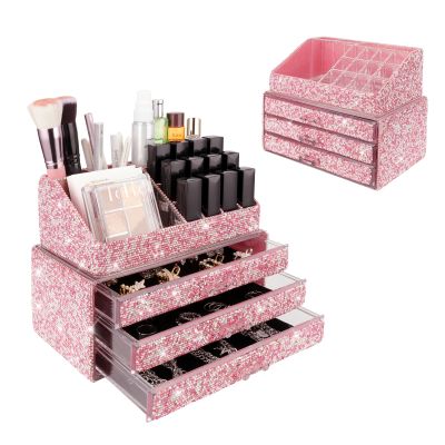KEYPOWER Makeup Organizers Drawer Bling Diamond,Fashion Countertop Jewelry Cosmetic Storage Display Boxes,Makeup Brush Holder, Cosmetic Holder,2 Pieces Set(Purely Handmade)(Pink)