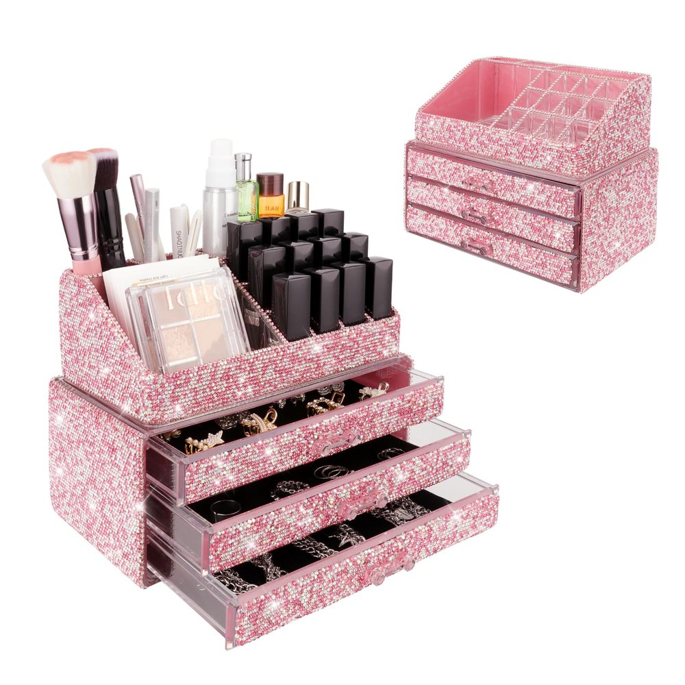 KEYPOWER Makeup Organizers Drawer Bling Diamond,Fashion Countertop Jewelry Cosmetic Storage Display Boxes,Makeup Brush Holder, Cosmetic Holder,2 Pieces Set(Purely Handmade)(Pink)