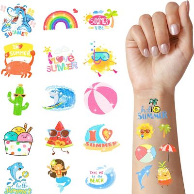 120 PCS Glitter Summer Temporary Tattoos - Hawaiian Luau Party Favors, Adults Bulk Fun Pool Party Supplies and Tropical Beach Theme Waterproof Decorations