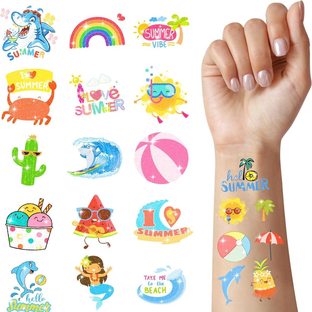 120 PCS Glitter Summer Temporary Tattoos - Hawaiian Luau Party Favors, Adults Bulk Fun Pool Party Supplies and Tropical Beach Theme Waterproof Decorations