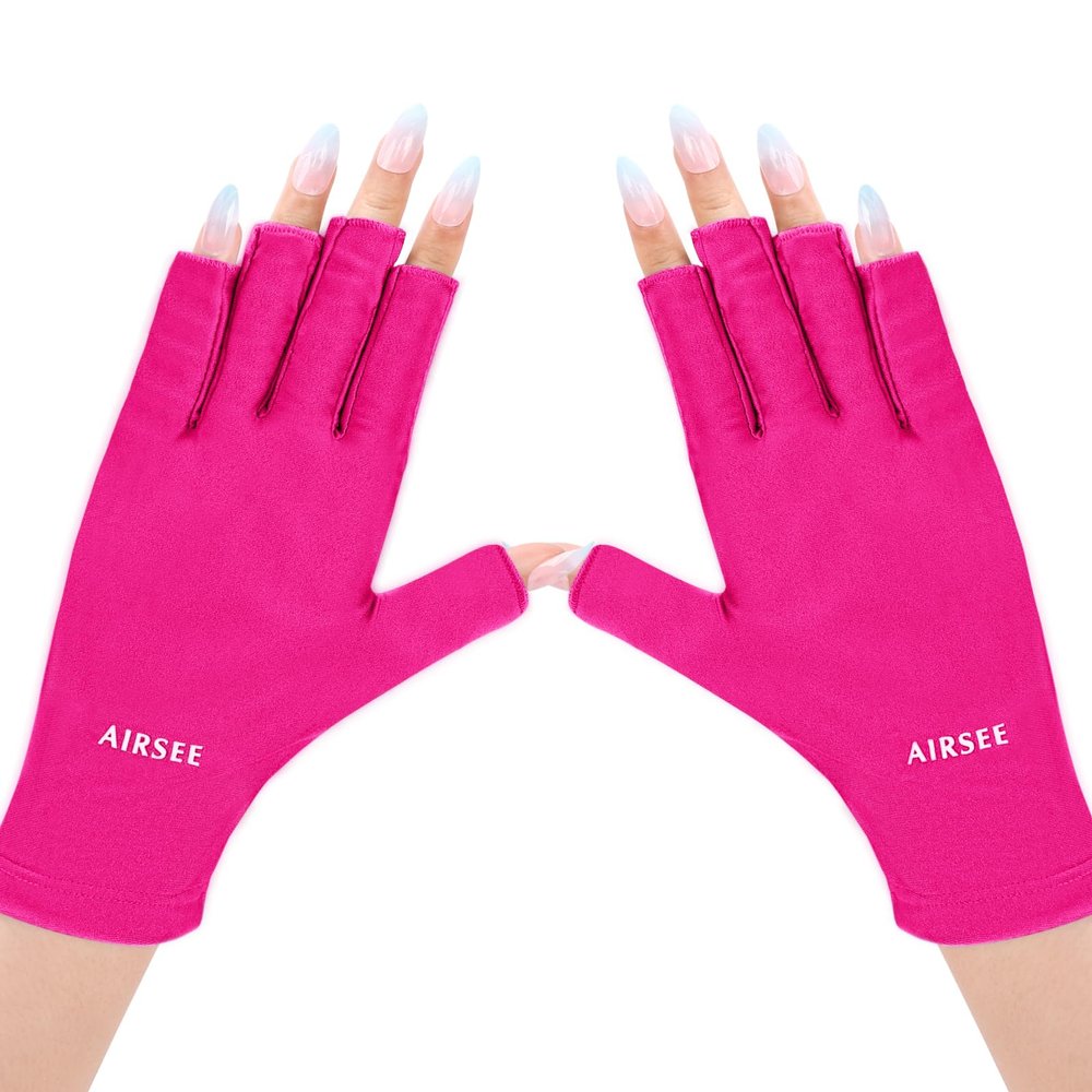 AIRSEE UV Gloves for Nail Lamp,Professional UPF50+ UV Protection Gloves for Manicures Nail Art,Fingerless Gloves That Shield Skin from The Sun and Nail Lamp(Rose Red)