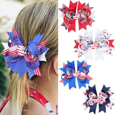 4th of July Hair Clips White Blue Red Bows Clips Grosgrain Hair Barrettes Independence Day Headwear Boutique Hairpin Hair Accessories Alligator Clips Supplies Party Decorations for Girls Kids 4PCS