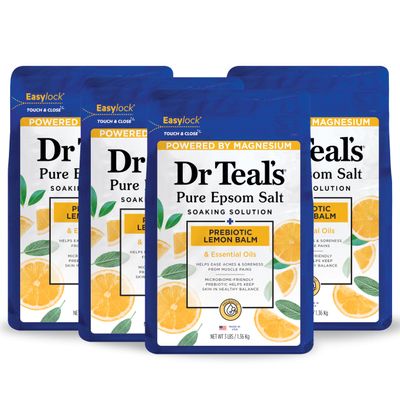 Dr Teal's Pure Epsom Magnesium Salt Soak, Prebiotic Lemon Balm & Essential Oil, 3 lbs (Pack of 4)