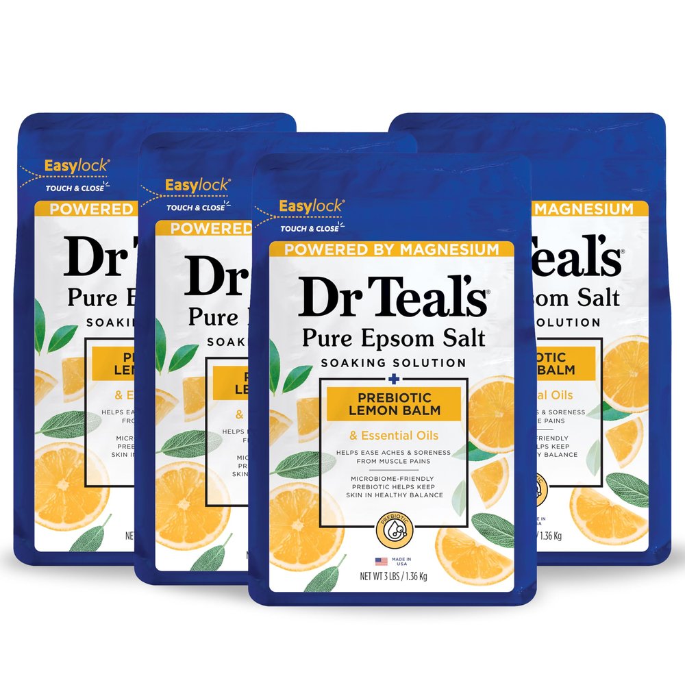 Dr Teal's Pure Epsom Magnesium Salt Soak, Prebiotic Lemon Balm & Essential Oil, 3 lbs (Pack of 4)