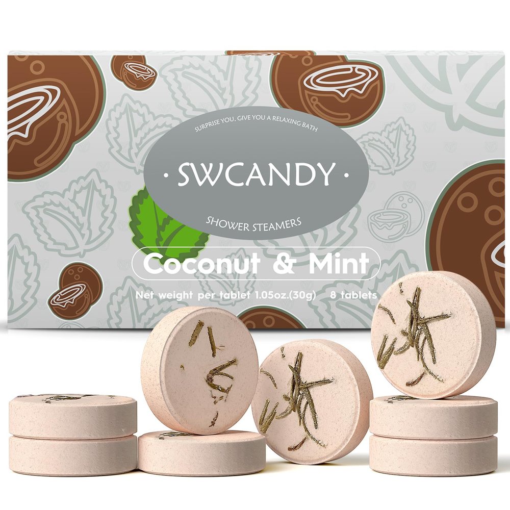 SWCANDY Shower Steamers Aromatherapy Birthday Gifts for Women Travel Essentials, 8 Pcs Coconut Mint, Bath Bombs Shower Bombs with Natural Essential Oils, Relaxation Home SPA