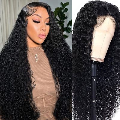 20Inch Deep Wave Lace Front Wigs Human Hair-13x4 HD Transparent Deep Wave Frontal Wigs Human Hair Glueless Curly Wigs for Women 200% Density Curly Lace Front Human Hair Pre Plucked with Baby Hair
