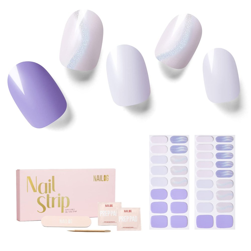 NAILOG Semi Cured Gel Nail Strips 34 pcs, Buy 2 Get 1 UV Lamp, Salon-Quality Gel Nail Stickers, Semicured Nail Wraps with Soft Gel Finish | Lavender Mist
