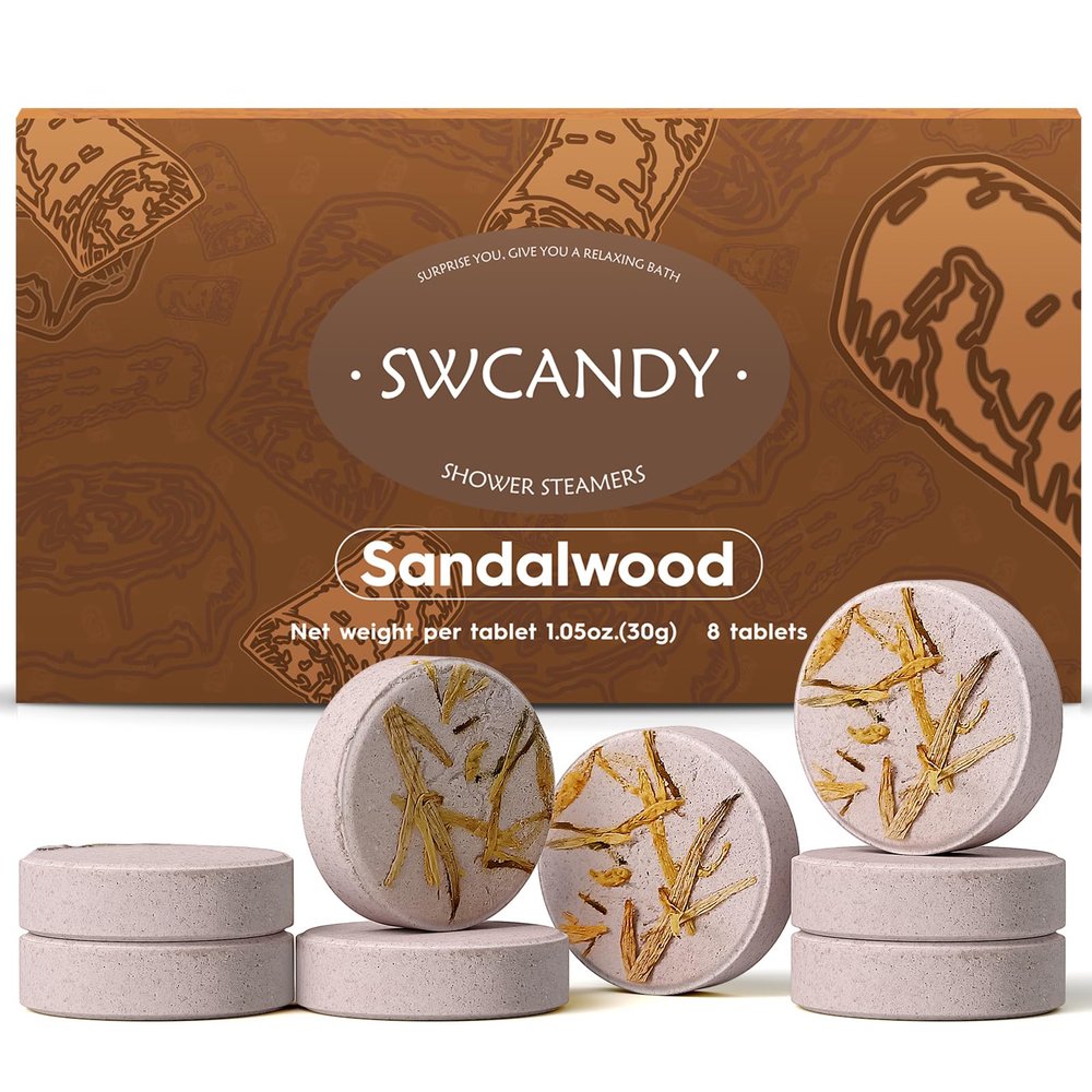 SWCANDY Shower Steamers Aromatherapy Birthday Gifts for Women Travel Essentials, 8 Pcs Sandalwood, Bath Bombs Shower Bombs with Natural Essential Oils, Relaxation Home SPA