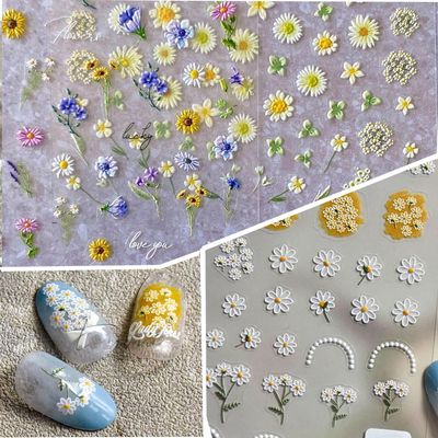3Sheets 5D Nail Art Sticker Embossed French Pearls Flowers Sunflower Daisy Spring Self-Adhesive Nail Art Decal Supplies Stick Tip for Salon DIY Acrylic Nails Design (Flower)