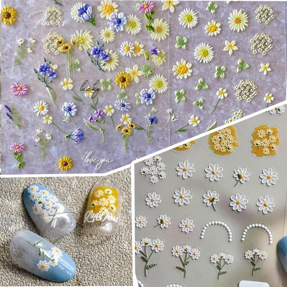 3Sheets 5D Nail Art Sticker Embossed French Pearls Flowers Sunflower Daisy Spring Self-Adhesive Nail Art Decal Supplies Stick Tip for Salon DIY Acrylic Nails Design (Flower)