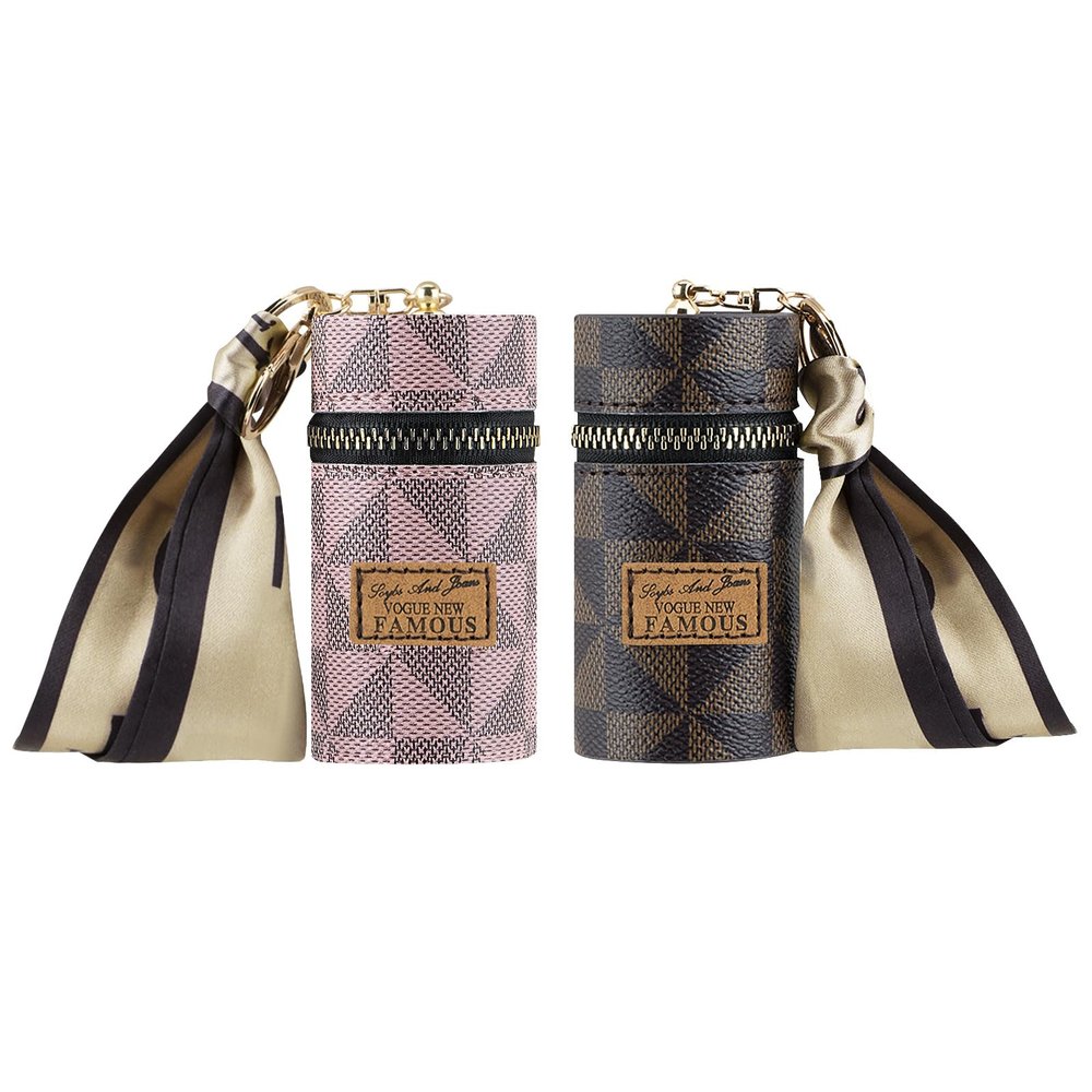 Adorila 2 Pack Lipstick Organizer, Leather Lip Gloss Bag with Keychain, Portable Mini Lipstick Case for Purse (Brown, Pink)