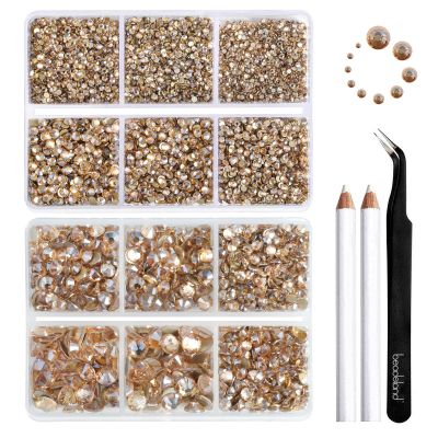 Beadsland 8300PCS Flatback Rhinestones, Gold Rhinestone Round Crystal Rhinestones for Crafts, Mixed 10 Sizes with Wax Pencil and Tweezer Kit, SS3-SS30, Golden Shadow