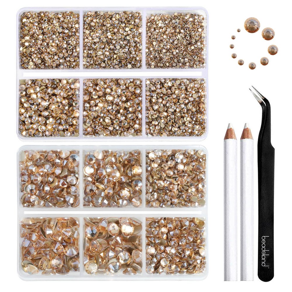Beadsland 8300PCS Flatback Rhinestones, Gold Rhinestone Round Crystal Rhinestones for Crafts, Mixed 10 Sizes with Wax Pencil and Tweezer Kit, SS3-SS30, Golden Shadow