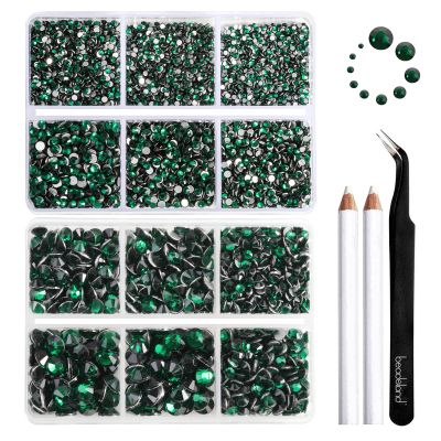 Beadsland 8300PCS Flatback Rhinestones, Green Rhinestone Round Crystal Rhinestones for Crafts, Mixed 10 Sizes with Wax Pencil and Tweezer Kit, SS3-SS30, Emerald