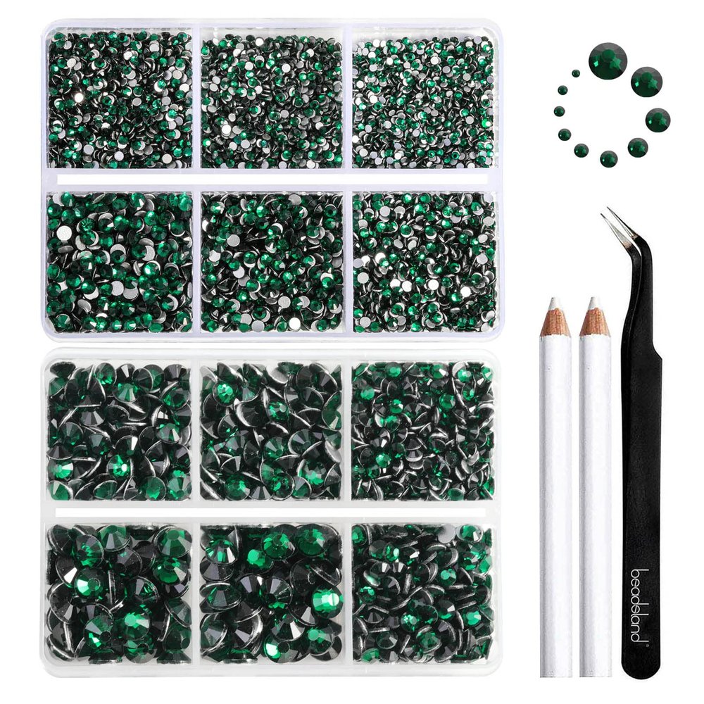 Beadsland 8300PCS Flatback Rhinestones, Green Rhinestone Round Crystal Rhinestones for Crafts, Mixed 10 Sizes with Wax Pencil and Tweezer Kit, SS3-SS30, Emerald