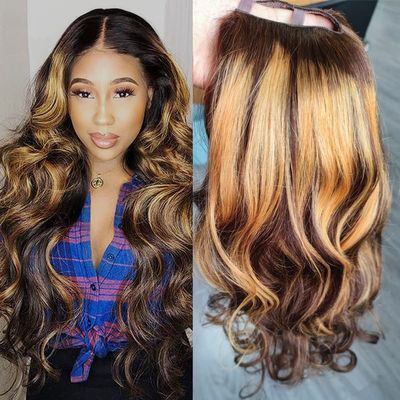 12inch Ombre Highlight U Part Wig Human Hair Body Wave for Women 4/27 Balayage Brown Blonde 180% 1X4 U Open Full Head Upart Natural Hair Half Wig Clips In Scalp Protective Beginner Friendly