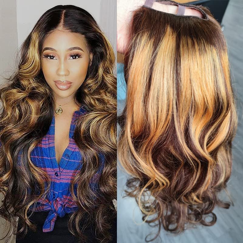 12inch Ombre Highlight U Part Wig Human Hair Body Wave for Women 4/27 Balayage Brown Blonde 180% 1X4 U Open Full Head Upart Natural Hair Half Wig Clips In Scalp Protective Beginner Friendly