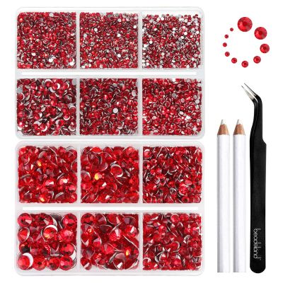 Beadsland 8300PCS Flatback Rhinestones, Light Red Rhinestone Round Crystal Rhinestones for Crafts, Mixed 10 Sizes with Wax Pencil and Tweezer Kit, SS3-SS30, Light Siam