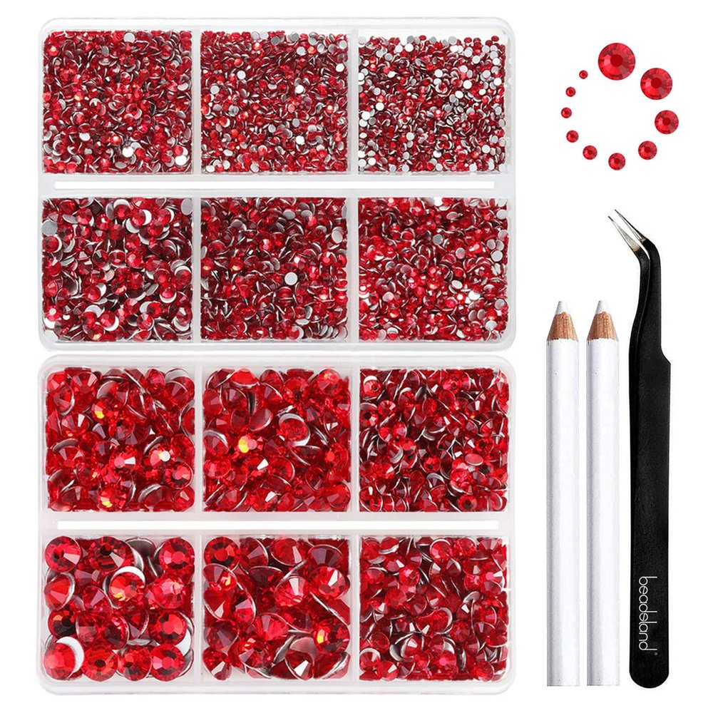 Beadsland 8300PCS Flatback Rhinestones, Light Red Rhinestone Round Crystal Rhinestones for Crafts, Mixed 10 Sizes with Wax Pencil and Tweezer Kit, SS3-SS30, Light Siam
