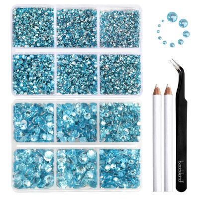 Beadsland 8300PCS Flatback Rhinestones, Blue Rhinestone Round Crystal Rhinestones for Crafts, Mixed 10 Sizes with Wax Pencil and Tweezer Kit, SS3-SS30, Aquamarine