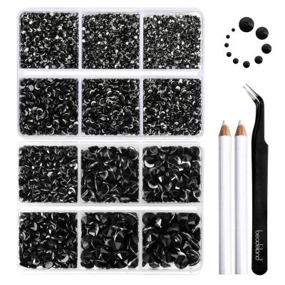 Beadsland 8300PCS Flatback Rhinestones, Black Rhinestone Round Crystal Rhinestones for Crafts, Mixed 10 Sizes with Wax Pencil and Tweezer Kit, SS3-SS30, Jet Black