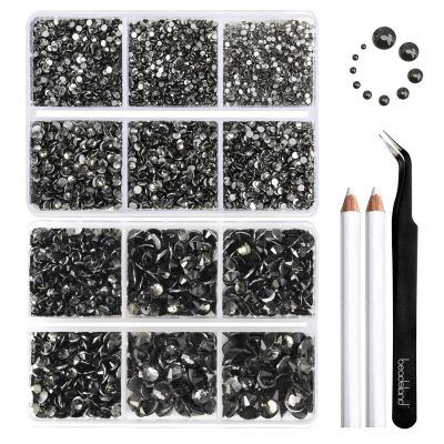 Beadsland 8300PCS Flatback Rhinestones, Gray Rhinestone Round Crystal Rhinestones for Crafts, Mixed 10 Sizes with Wax Pencil and Tweezer Kit, SS3-SS30, Black Diamond