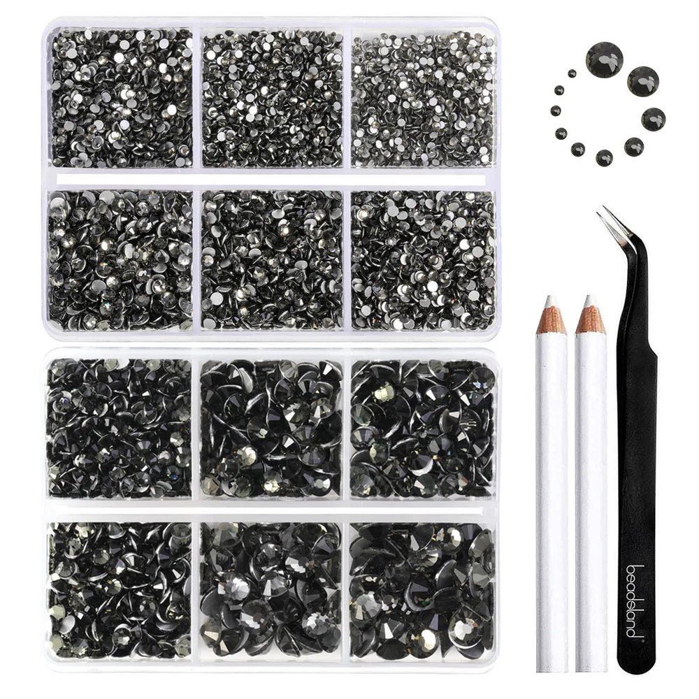 Beadsland 8300PCS Flatback Rhinestones, Gray Rhinestone Round Crystal Rhinestones for Crafts, Mixed 10 Sizes with Wax Pencil and Tweezer Kit, SS3-SS30, Black Diamond