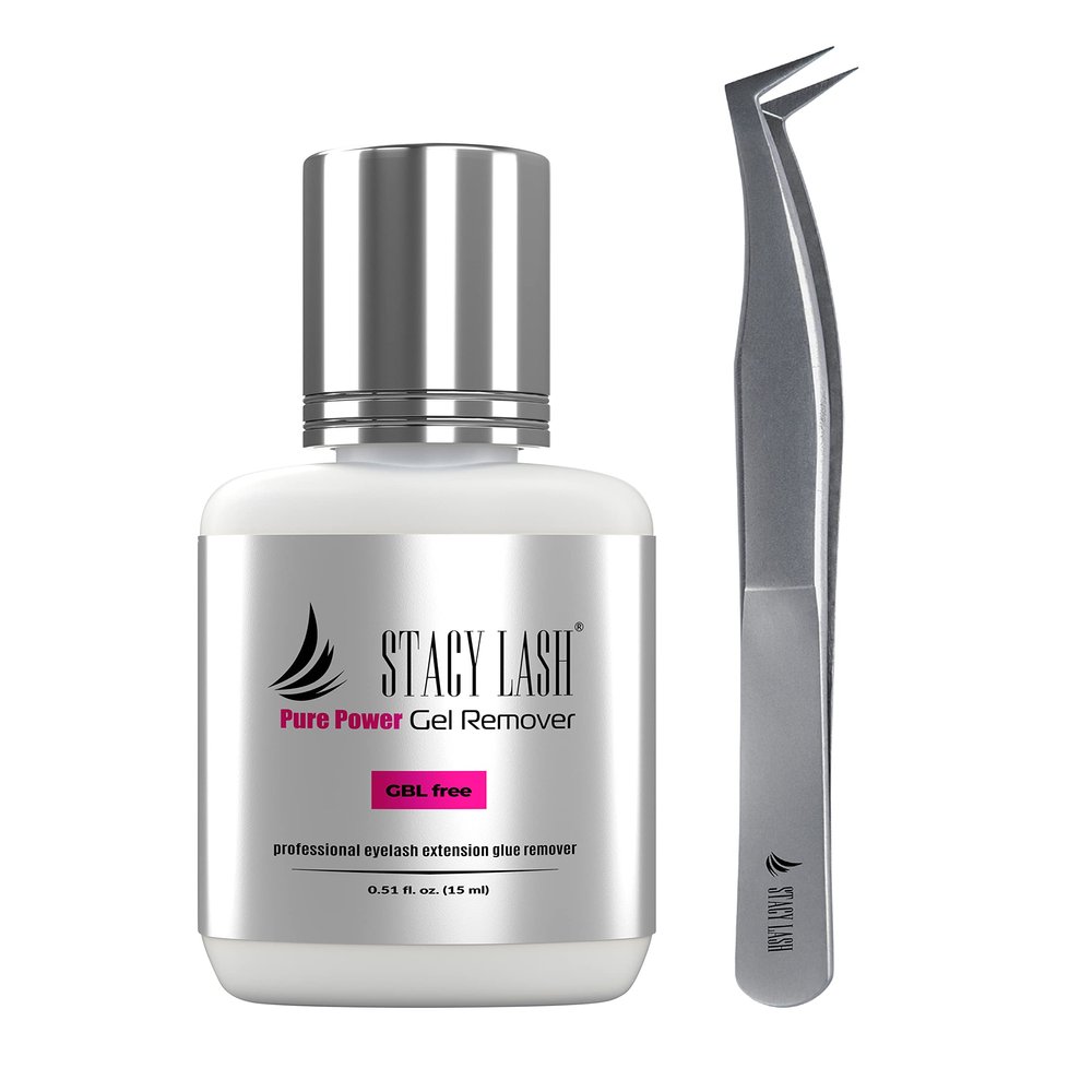 Pure Gel Remover 15ml & Stacy Lash STL-5 Volume L-Shaped Tweezers/GBL Free/Fast Lash Adhesive Dissolution time - 60 Sec/Precision Stainless Steel Tool/Angled Tips/Professional Supplies