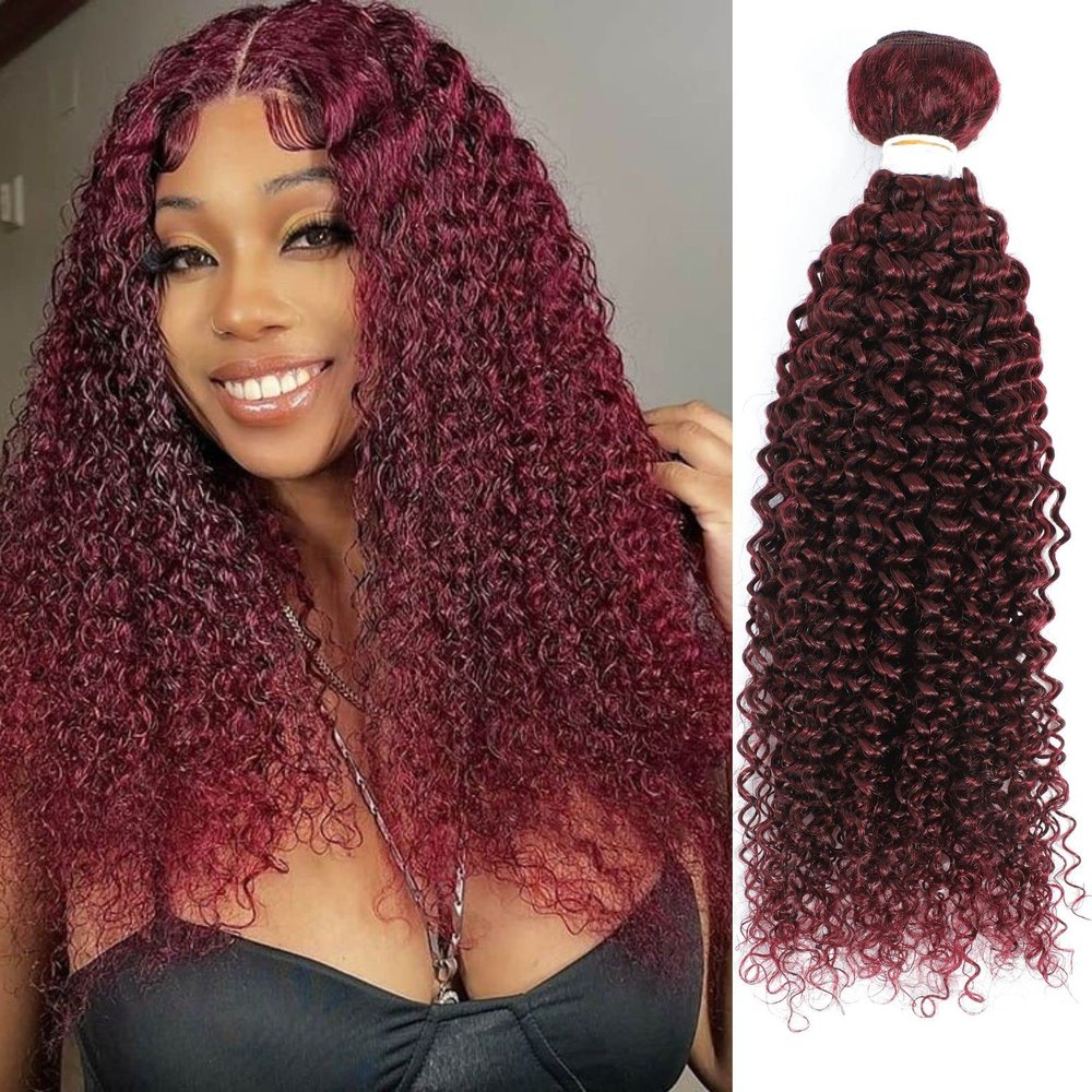 REMY Human Hair Bundles 95g 24 Inch Kinky Curly 12A 100% Brazilian Virgin 99j Burgundy Human Hair Extensions For Women 1 Bundle Wine Red Colored Human Braiding Hair Extensions