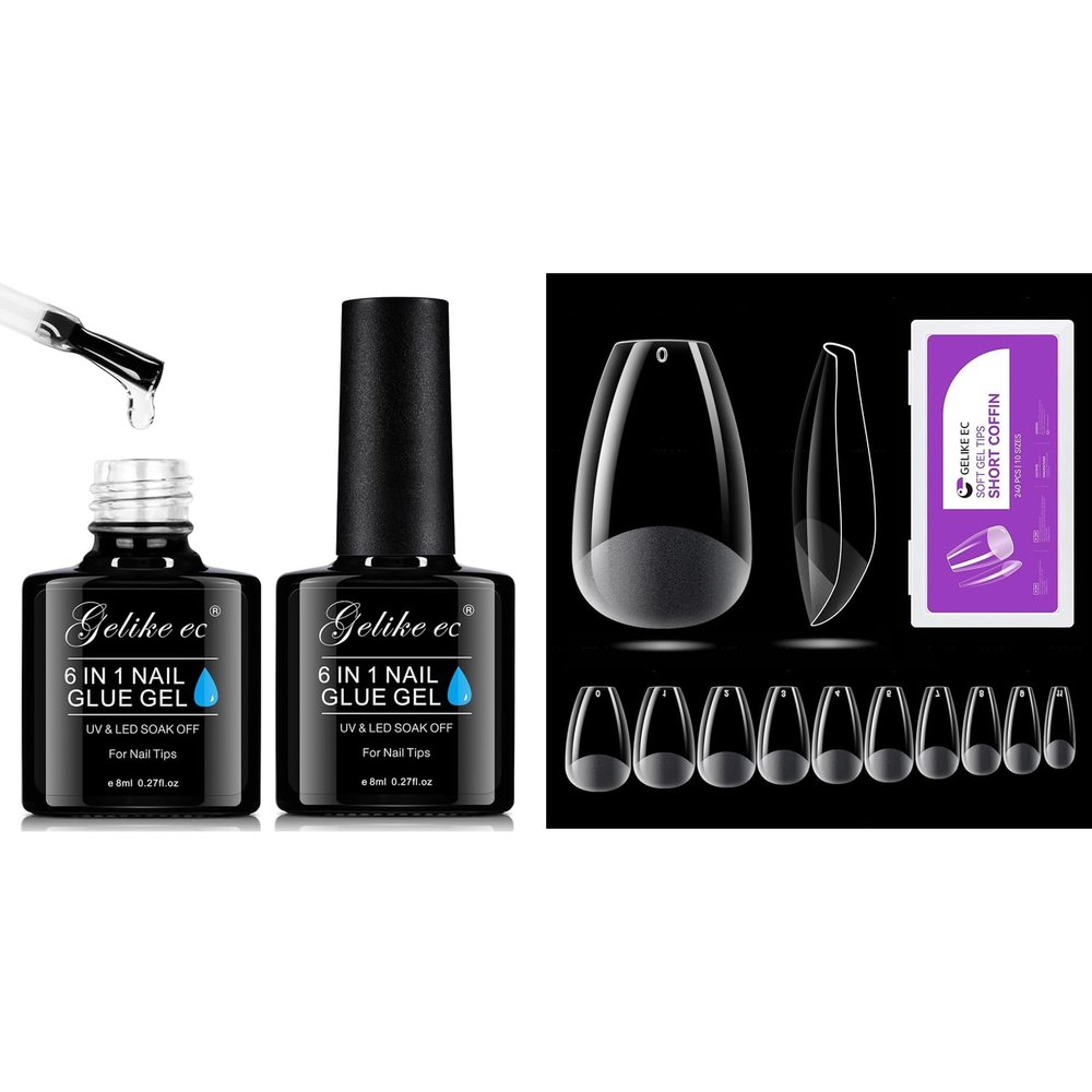 2 pc 6 in 1 Gel Glue and Short Coffin Nail Tips 240pcs